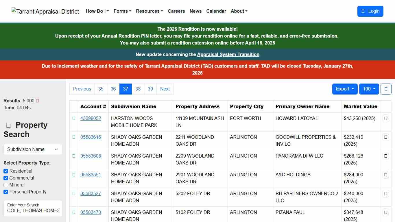 Property Search Results - Tarrant Appraisal District